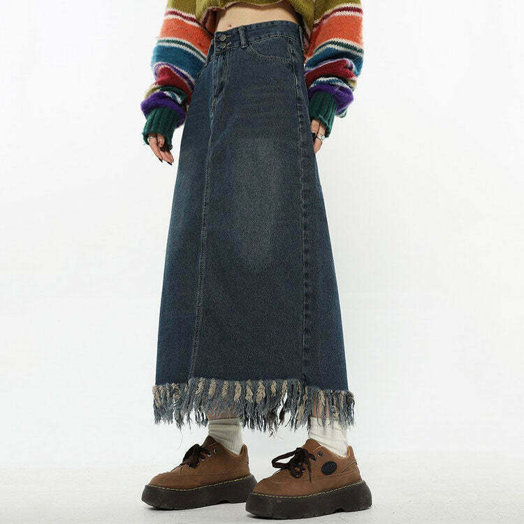 Aesthetic Long Denim Fringe Skirt for Y2K Fashion: Retro Grunge & Cute Style for Gen Z