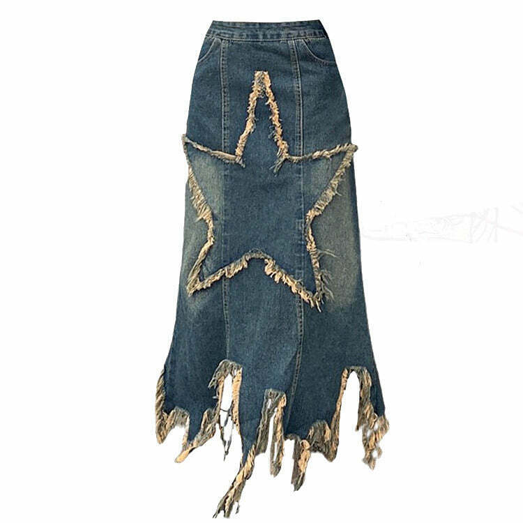 Aesthetic Star Fishtail Denim Skirt - Trendy Y2K Washed & Plaid Styles for Unique Fashion