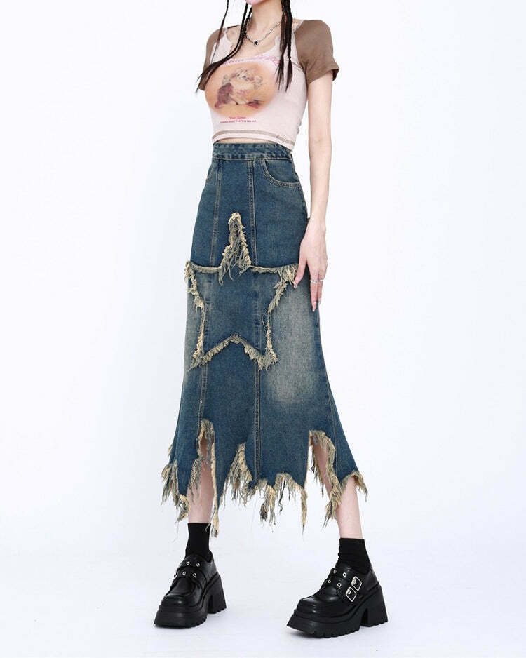 Aesthetic Star Fishtail Denim Skirt - Trendy Y2K Washed & Plaid Styles for Unique Fashion