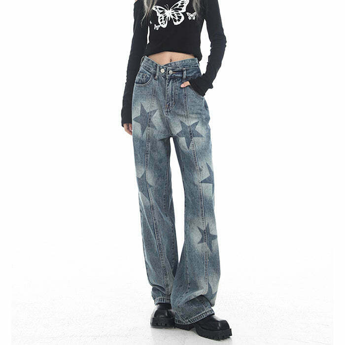 Aesthetic Star Washed Jeans for Y2K Style: Trendy Grunge Fashion for School and Everyday Wear