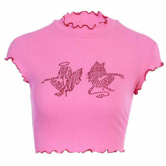 Angel & Devil Rhinestone Crop Top - Y2K Fashion Statement for Trendy Outfits