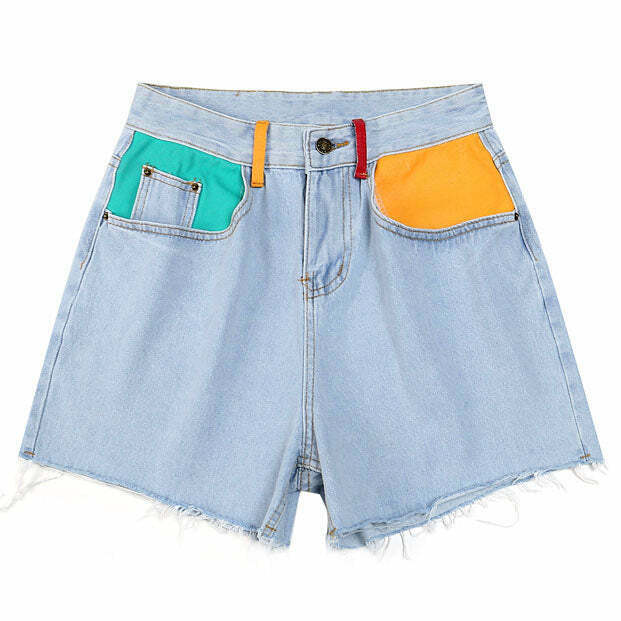 Artsy Patchwork Denim Shorts with Rhinestone Fringe and Flare Design for a Trendy Look