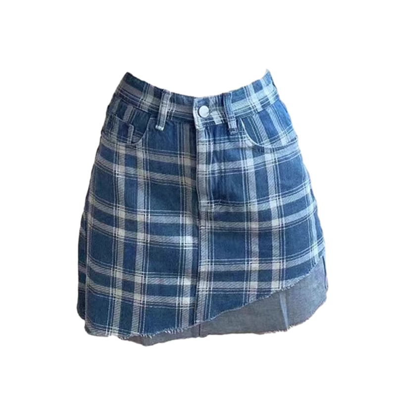 Asymmetrical Blue Plaid Skirt - Trendy Y2K Office Fashion & Grunge Style for Modern Looks