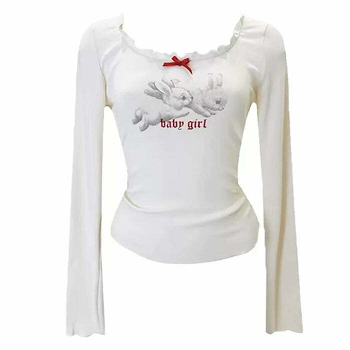 Baby Girl Bunny Long Sleeve Tee in Y2K Grunge Style - Trendy Fashion for Young Girls