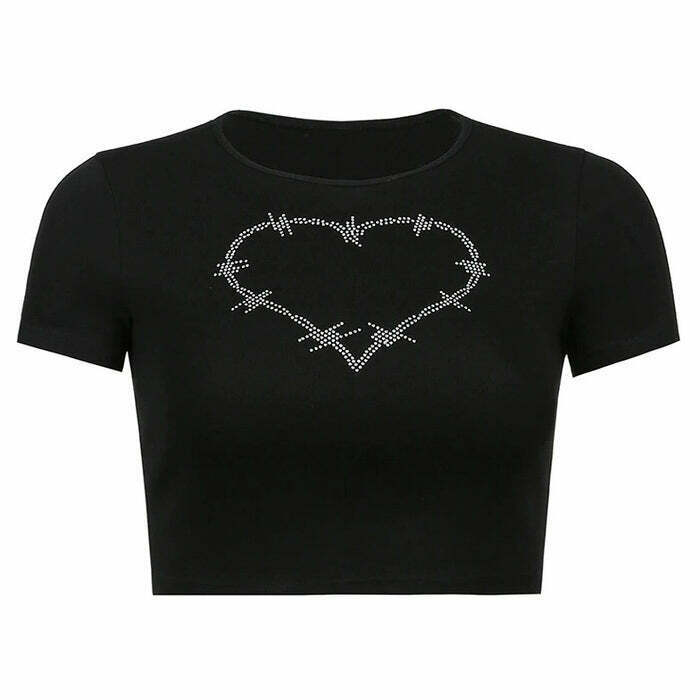 Barbed Heart Rhinestone Crop Top - Y2K Grunge Fashion for Trendy Summer Outfits