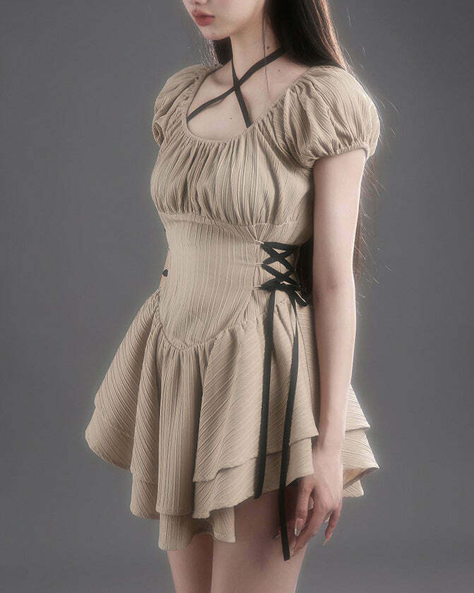 Beige Coquette Mini Dress - Trendy Y2K Fashion for Skater and K-Pop Styles