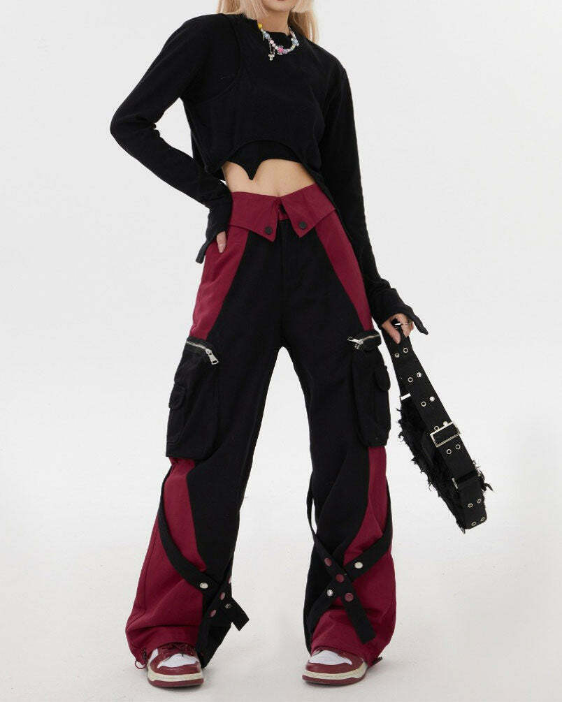 Black & Red Grunge Cargo Pants for Y2K Style - Trendy 90s Inspired Fashion Statement