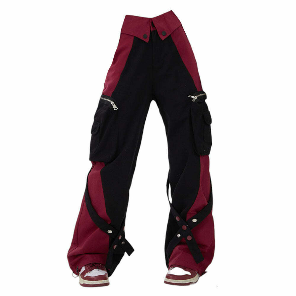 Black & Red Grunge Cargo Pants for Y2K Style - Trendy 90s Inspired Fashion Statement