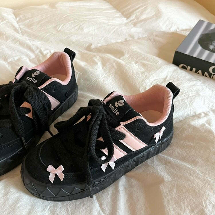 Blokette Aesthetic Pink Bow Sneakers - Trendy Y2K Style Footwear for Gen Z and Emo Fashion