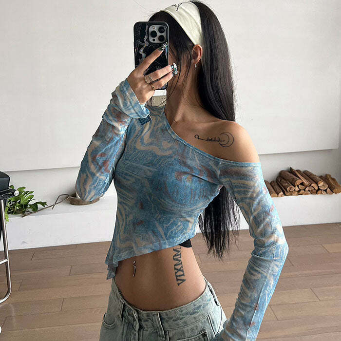 Blue Marble Asymmetrical Crop Top - Trendy Y2K Fashion for Men & Women in 2024