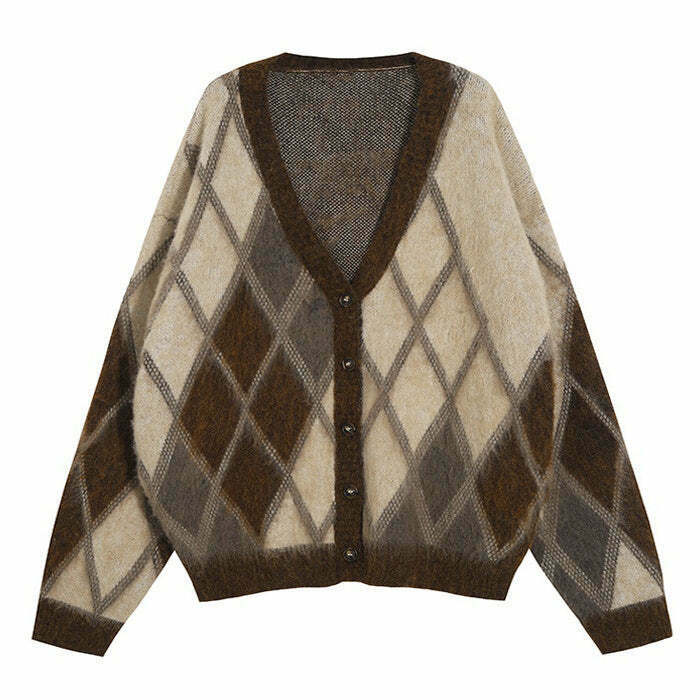 Brown Argyle Fuzzy Cardigan - Y2K Fashion Essential for Trendy Outfits and Grunge Style