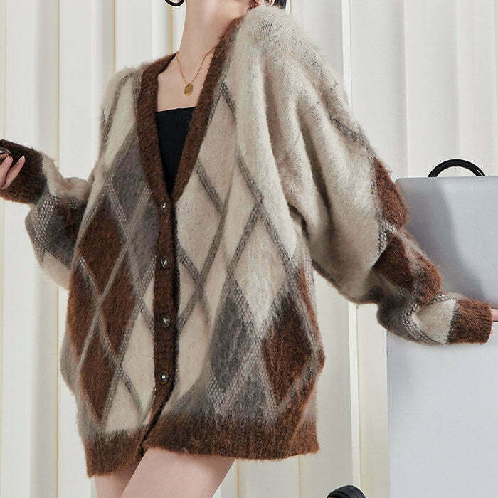 Brown Argyle Fuzzy Cardigan - Y2K Fashion Essential for Trendy Outfits and Grunge Style