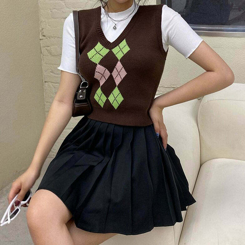 Brown Argyle Vest for Y2K Fashion Revival - Trendy Outfits for a Stylish Look