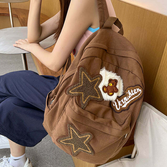 Brown Bear Star Backpack - Iconic Y2K Grunge Style for Retro Fashion Lovers