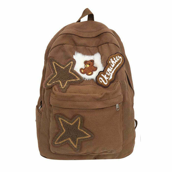 Brown Bear Star Backpack - Iconic Y2K Grunge Style for Retro Fashion Lovers