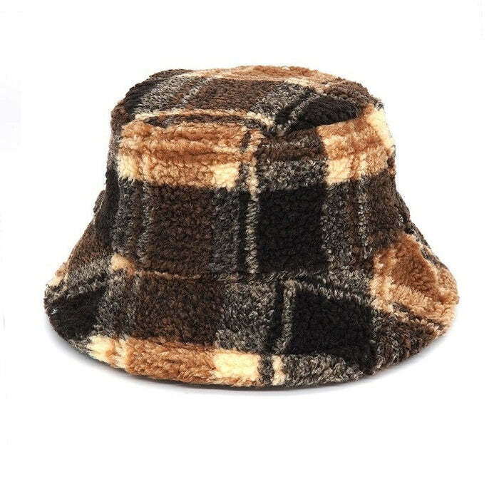 Brown Plaid Fuzzy Bucket Hat - Trendy Y2K Style for Fashionable Outfits & Accessories