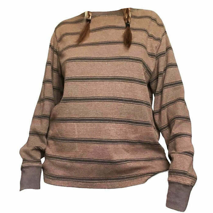 Brown Striped Longsleeve Top - Y2K Grunge Fashion Shirt for a Trendy Vintage Look