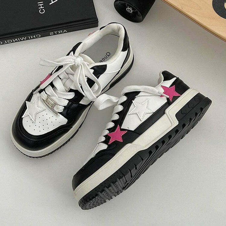 Bubblegum Pink Star Sneakers - Trendy Y2K Fashion Footwear for Grunge and Retro Styles