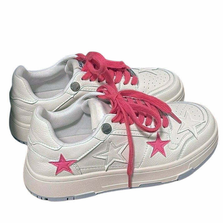 Bubblegum Pink Star Sneakers - Y2K Style Footwear for Trendy Outfits and Grunge Looks