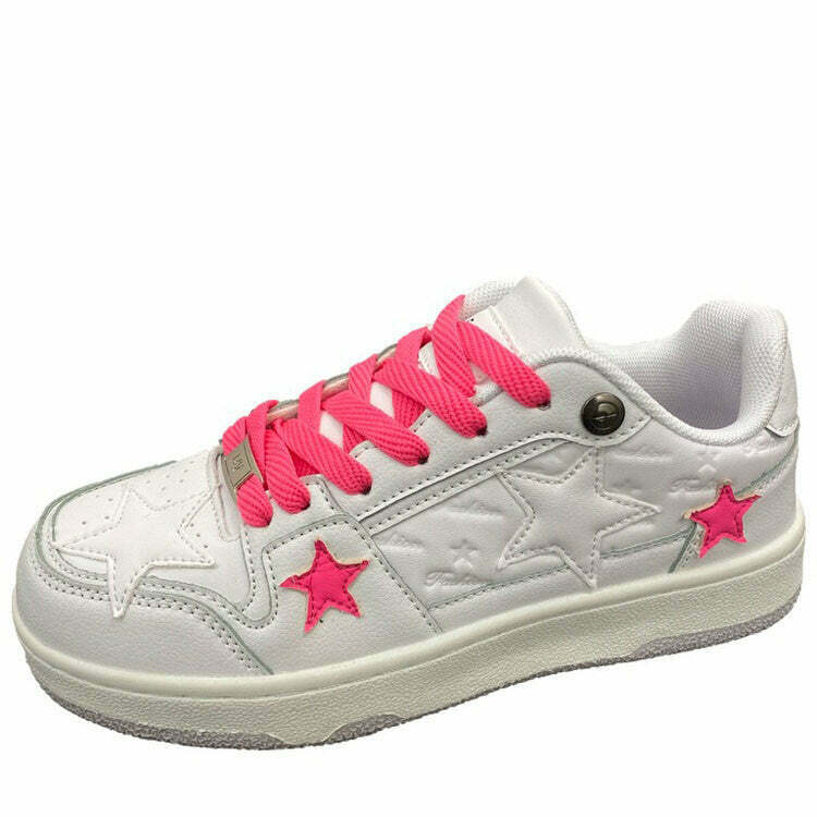 Bubblegum Pink Star Sneakers - Y2K Style Footwear for Trendy Outfits and Grunge Looks