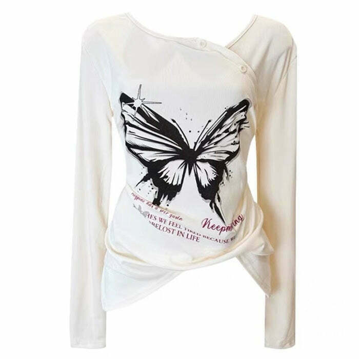 Butterfly Print See-Through Top for Y2K Style: Trendy Grunge Shirt for Winter Fashion