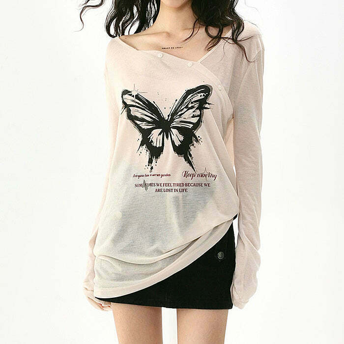 Butterfly Print See-Through Top for Y2K Style: Trendy Grunge Shirt for Winter Fashion