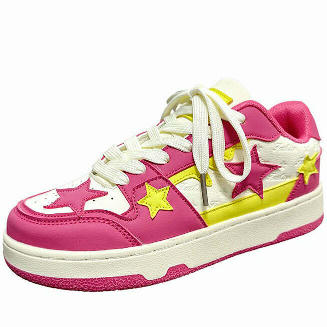 Candy Pink & Yellow Star Sneakers for Y2K Fairy Outfits and Cyber Fashion Styles