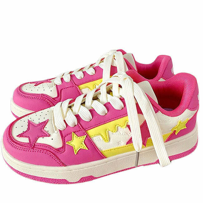 Candy Pink & Yellow Star Sneakers for Y2K Fairy Outfits and Cyber Fashion Styles