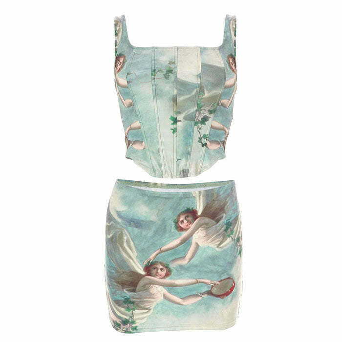 Celestial Cherub Corset Top & Skirt Set - Y2K Grunge Fashion for Trendy Outfits