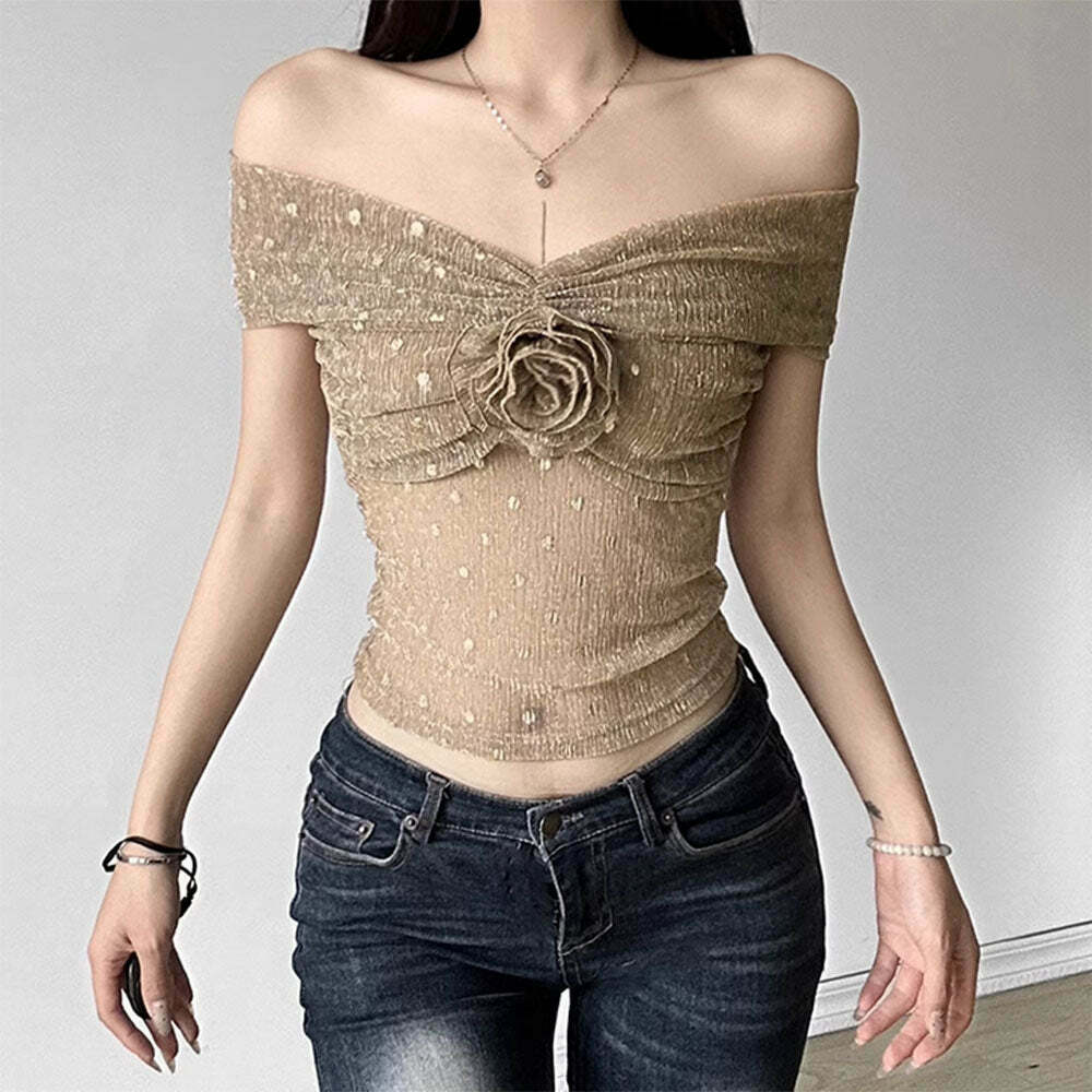 Charming Rose Bardot Mesh Top - Trendy Y2K Style for Women, Perfect for 2000s Fashion Lovers