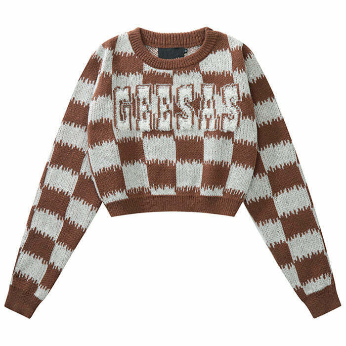 Checkered Fuzzy Crop Sweater - Retro Y2K Style Top for Trendy Outfits and Aesthetic Looks