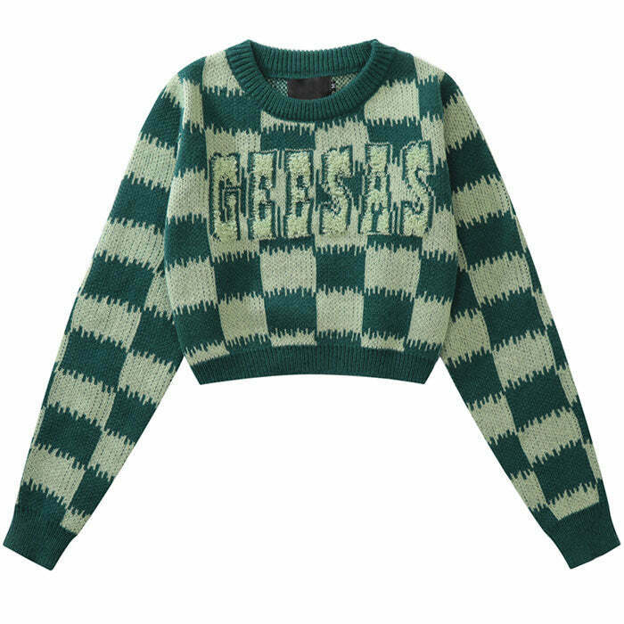 Checkered Fuzzy Crop Sweater - Retro Y2K Style Top for Trendy Outfits and Aesthetic Looks