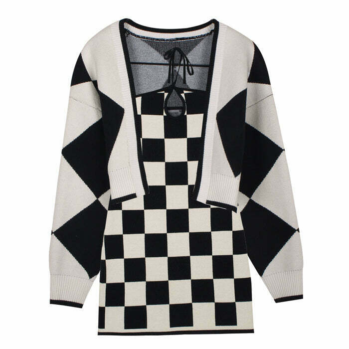 Checkered Knit Dress & Cardigan Set - Trendy Y2K Style for Parties and Modern Outfits