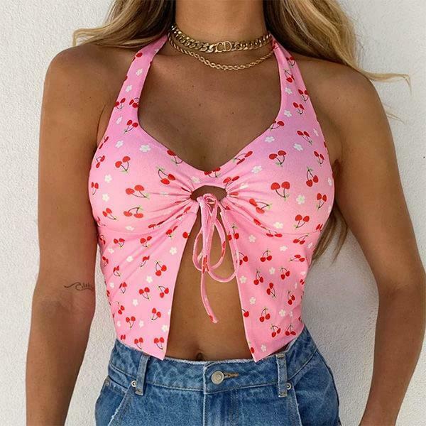 Cherry Blossom Halter Top - Trendy Y2K Style for Effortless Fashion and Chic Outfits