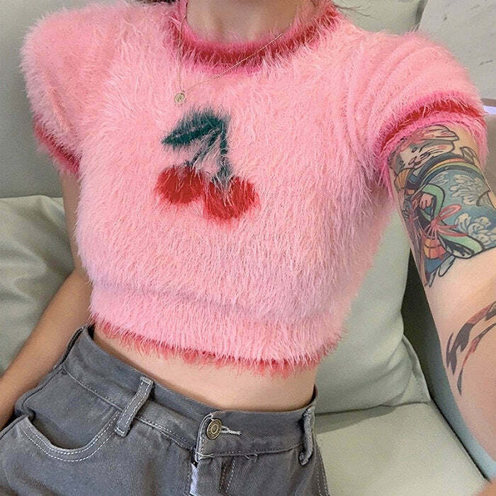 Cherry Fuzzy Crop Top - Y2K Retro Grunge Shirt for Iconic Women's Style Outfits