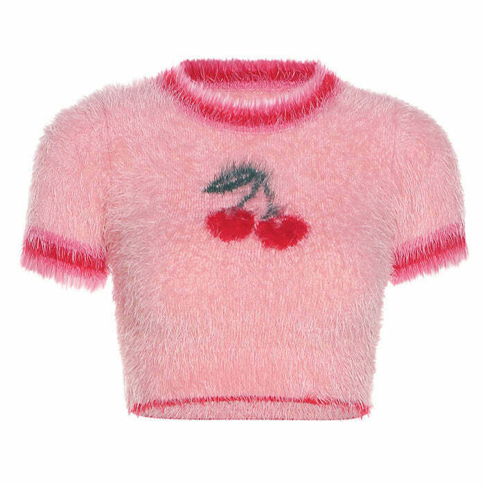 Cherry Fuzzy Crop Top - Y2K Retro Grunge Shirt for Iconic Women's Style Outfits