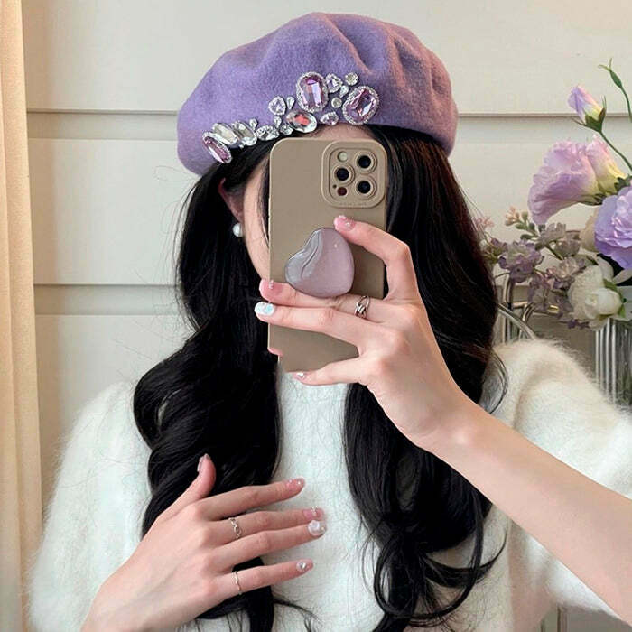 Chic French Girl Rhinestone Beret - Y2K Style Accessory for Trendy 90s Outfits