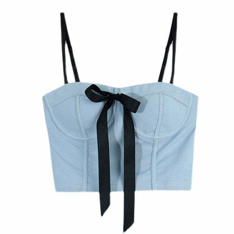 Chic Pearl Bustier Top with Front Bow - Y2K Pastel Fashion for Retro Style Lovers