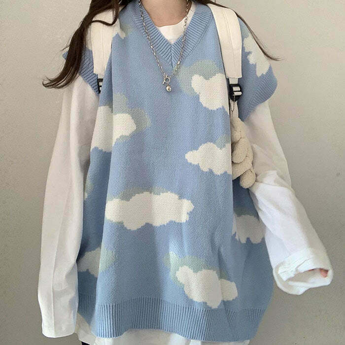 Cloudy Skies Knit Vest - Trendy Y2K Style for Summer Fashion & Grunge Outfits