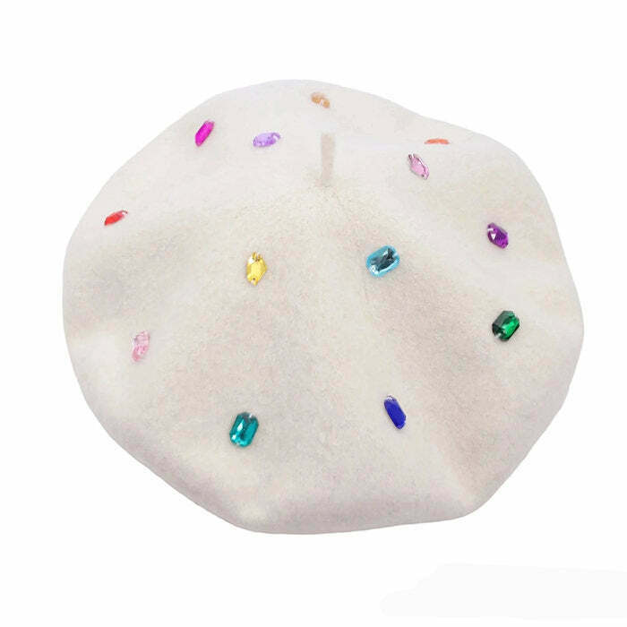 Colorful Rhinestone Beret Hat for Trendy Y2K Fashion and Stylish 90s-Inspired Outfits