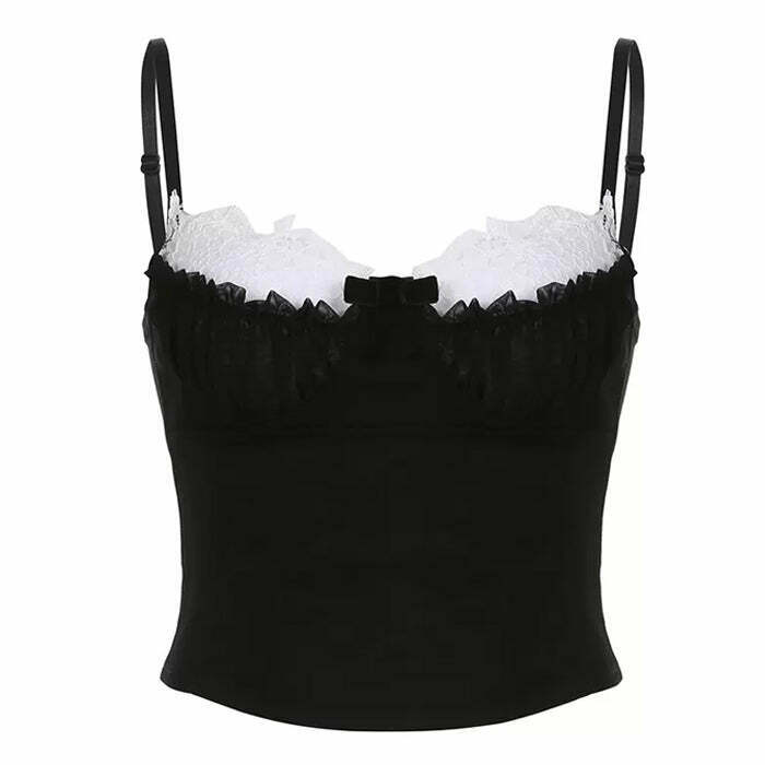 Contrast Lace Ruched Bust Cami Top - Y2K Grunge Look Lace Cami for Alt Fashion Lovers