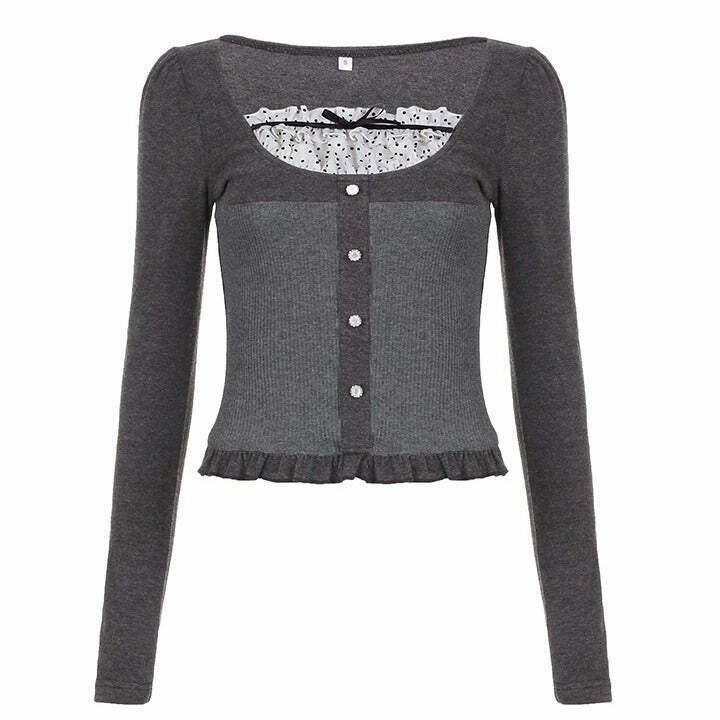 Coquette Aesthetic Grey Long Sleeve Top - Y2K Grunge Style for Trendy Outfits