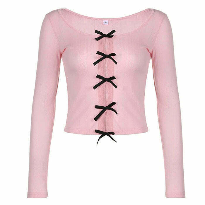 Coquette Bow Long Sleeve Split Top - Y2K Retro Aesthetic Fashion for Trendy Outfits