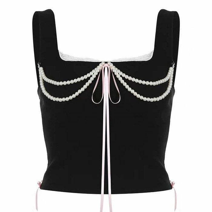 Coquette Bow Pearl Bustier Top - Retro Y2K Grunge Fashion for Trendy Outfits 2024