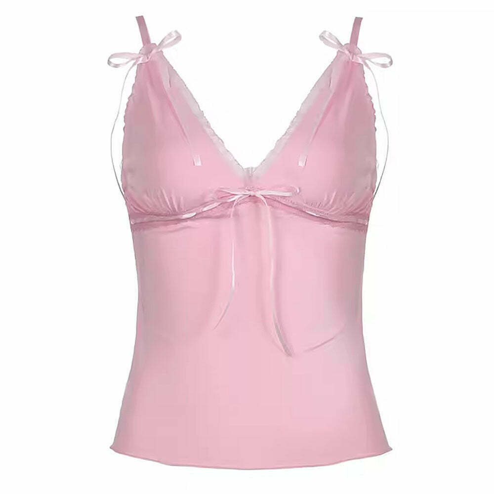 Coquette Girl Pink Bow Lace Top - Trendy Y2K Street Fashion for Unique Style Enthusiasts