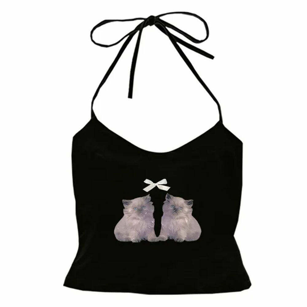 Coquette Kitten Y2K Halter Top - Trendy Y2K Fashion for Stylish Winter Outfits