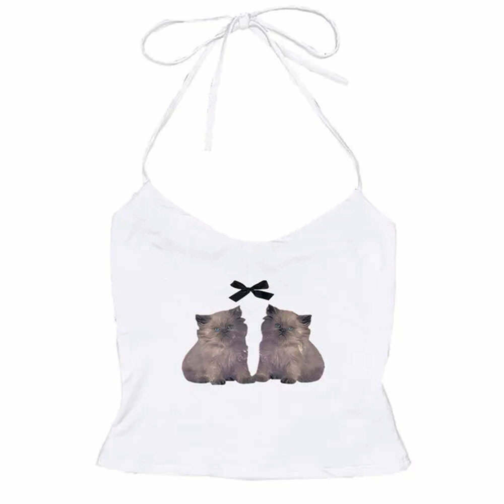 Coquette Kitten Y2K Halter Top - Trendy Y2K Fashion for Stylish Winter Outfits