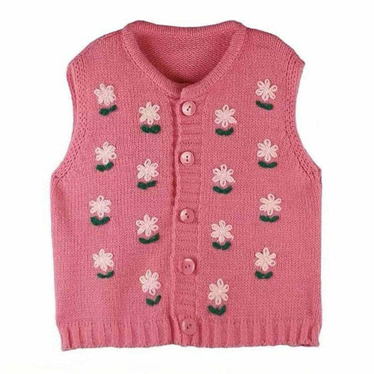 Cottagecore Floral Embroidered Knit Vest - Y2K Style for Trendy Retro Fashion Lovers