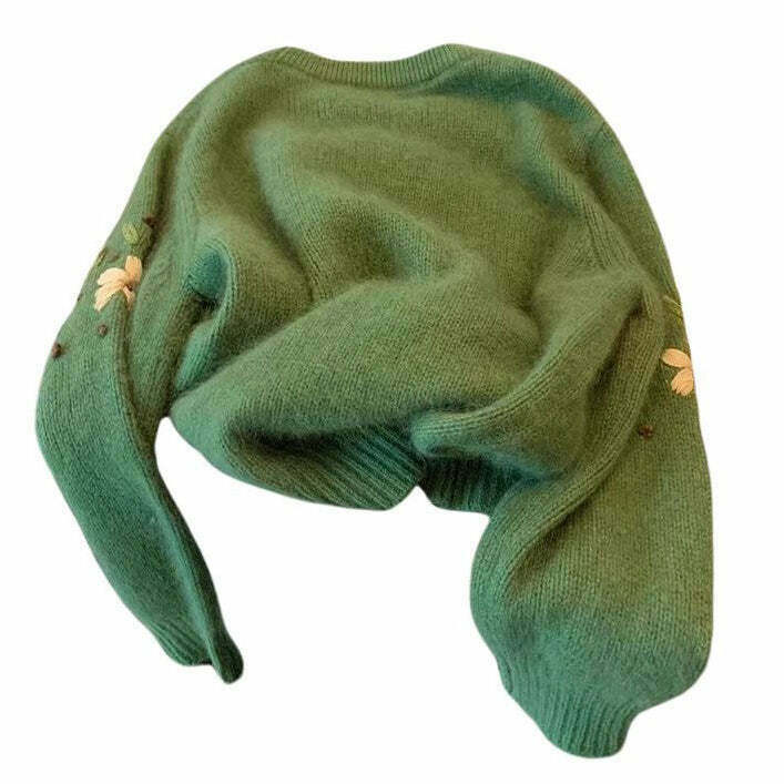 Cottagecore Floral Embroidery Green Sweater - Y2K Style Grunge Fashion for Trendy Outfits