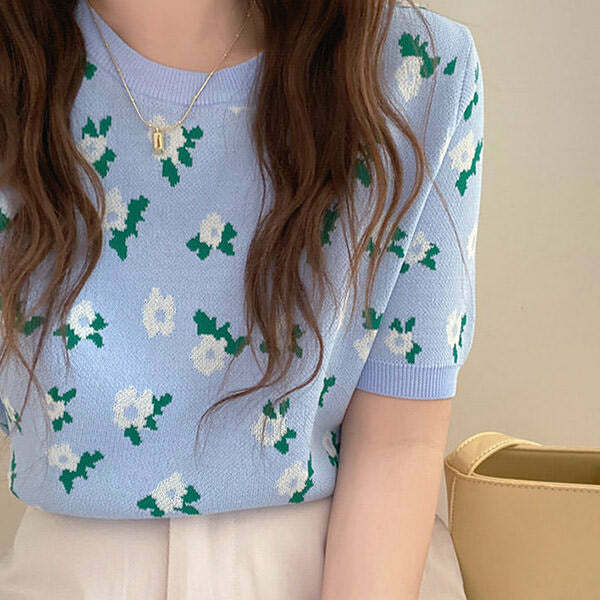Cottagecore Floral Knit T-Shirt - Trendy Y2K Fashion for 2024 & 2025 K-Pop Style Outfits